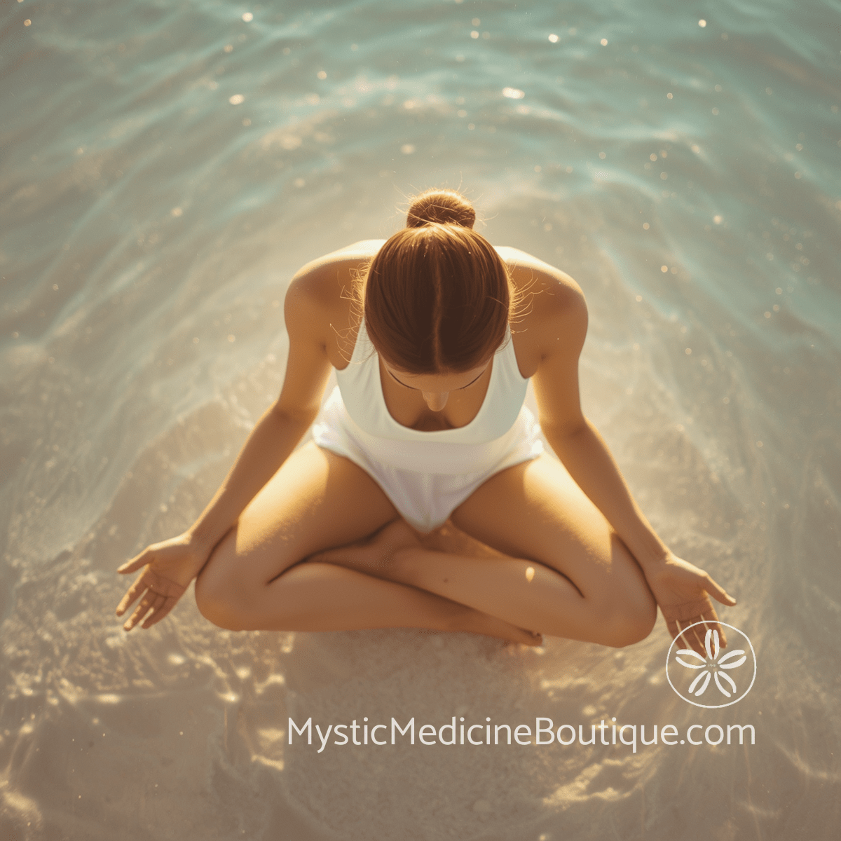 Overhead view of woman in white sitting cross-legged in shallow tropical water with sunlight rippling outward, representing the body signals of empath sensitivity overload