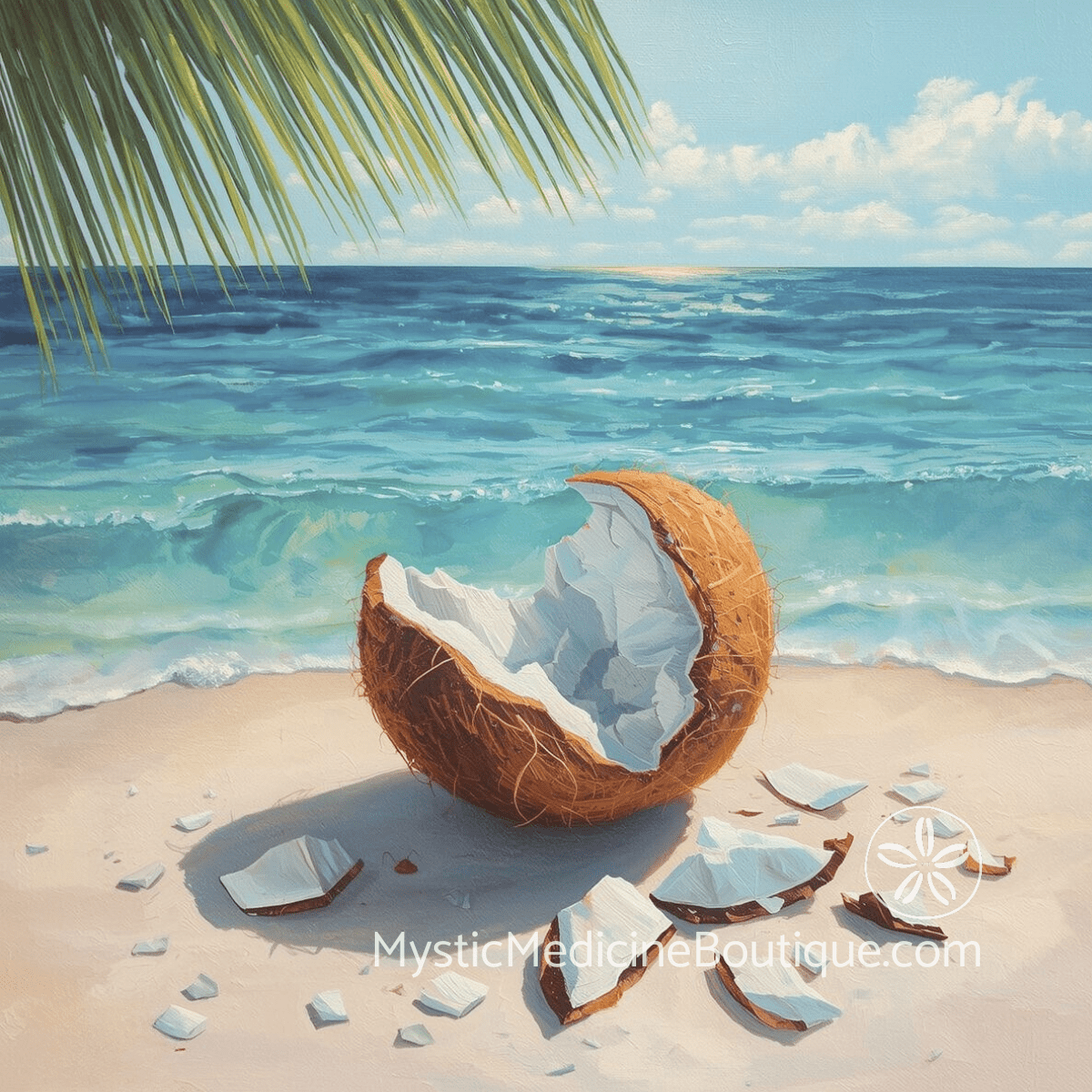 Cracked coconut on shoreline — boundaries after trauma shattered and slowly rebuilding through spiritual support