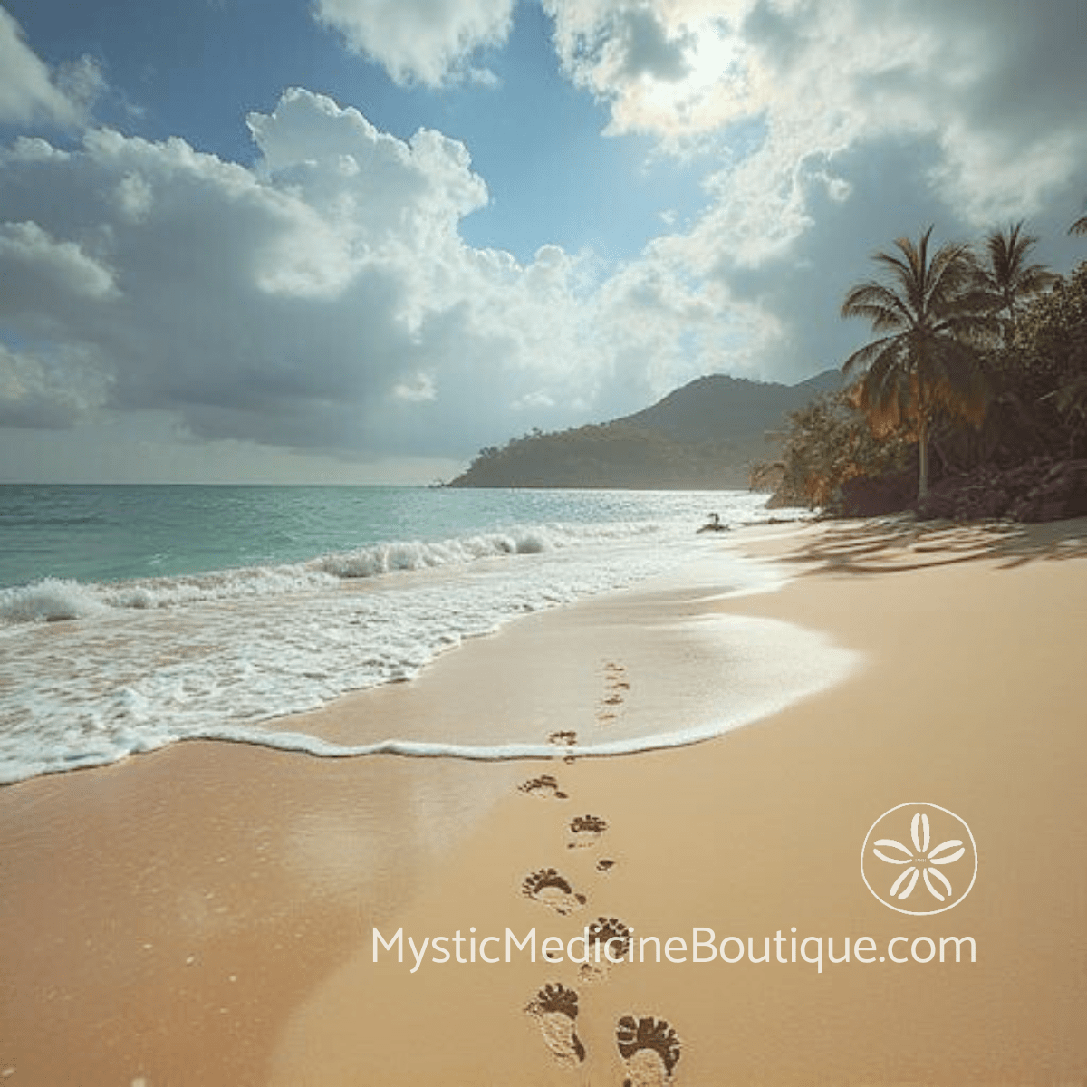 Footprints on sunny tropical beach representing the path forward and finding solid ground during divorce boundary enforcement