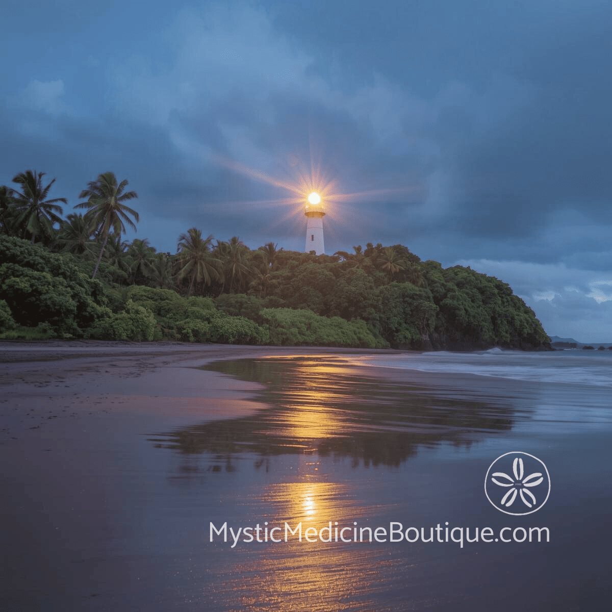 Tropical beach with lighthouse representing boundary maintenance during trauma recovery and limits when the past attacks