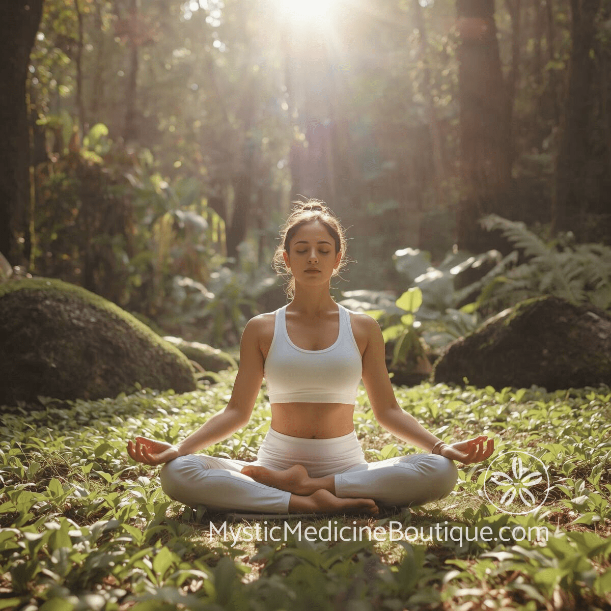 Woman meditating in lotus pose in a sunlit forest — breath work energy clearing pranayama energetic release