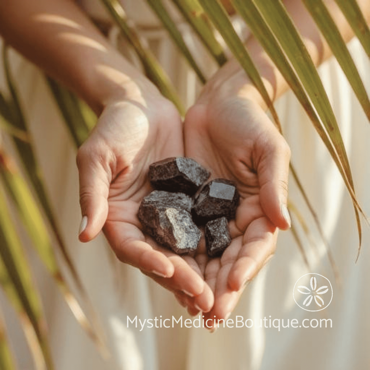 Hands holding raw black tourmaline crystals with tropical palm frond background, protective crystal carry practice for building spiritual resilience during illness and grief