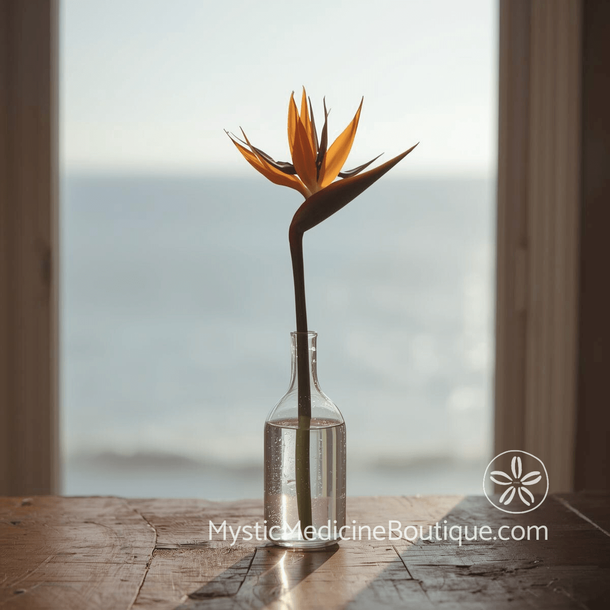 Single bird of paradise flower in a glass vase on a weathered wooden table with ocean visible through window.