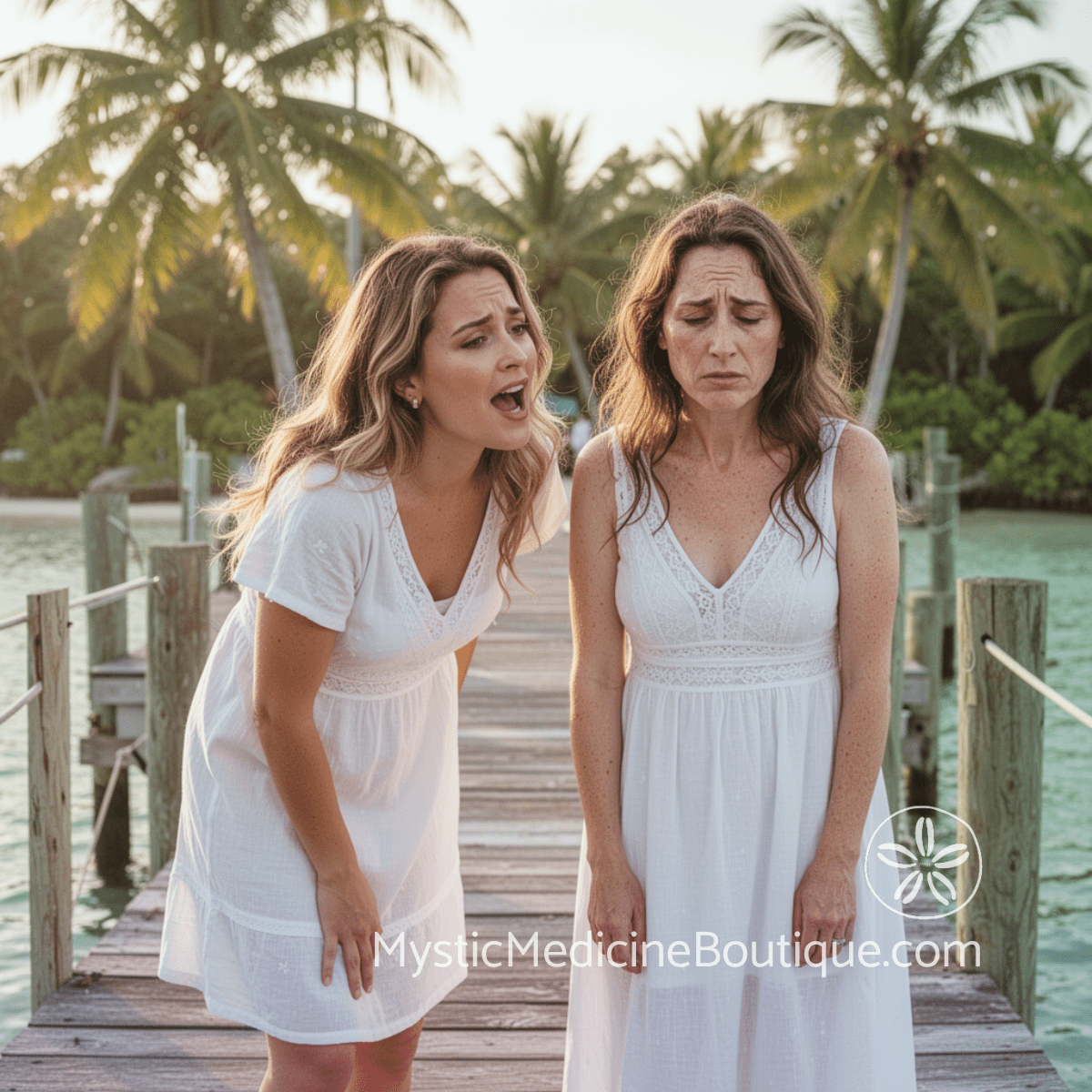 Two women on tropical dock one looking distressed — unconscious energy vampire patterns RN Reiki Master explains