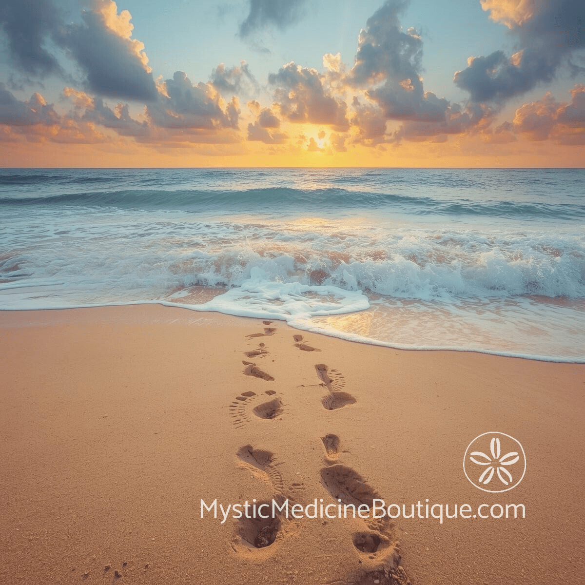 Solitary footprints on tropical beach at golden sunset representing the journey through career crisis and relationship ending when both collapse simultaneously