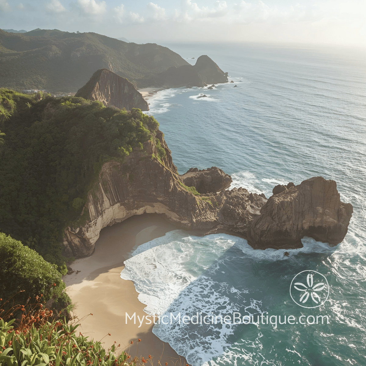 Rocky coastal cliffs with sea cave and turquoise water representing the identity dissolution of career promotion spiritual emergency