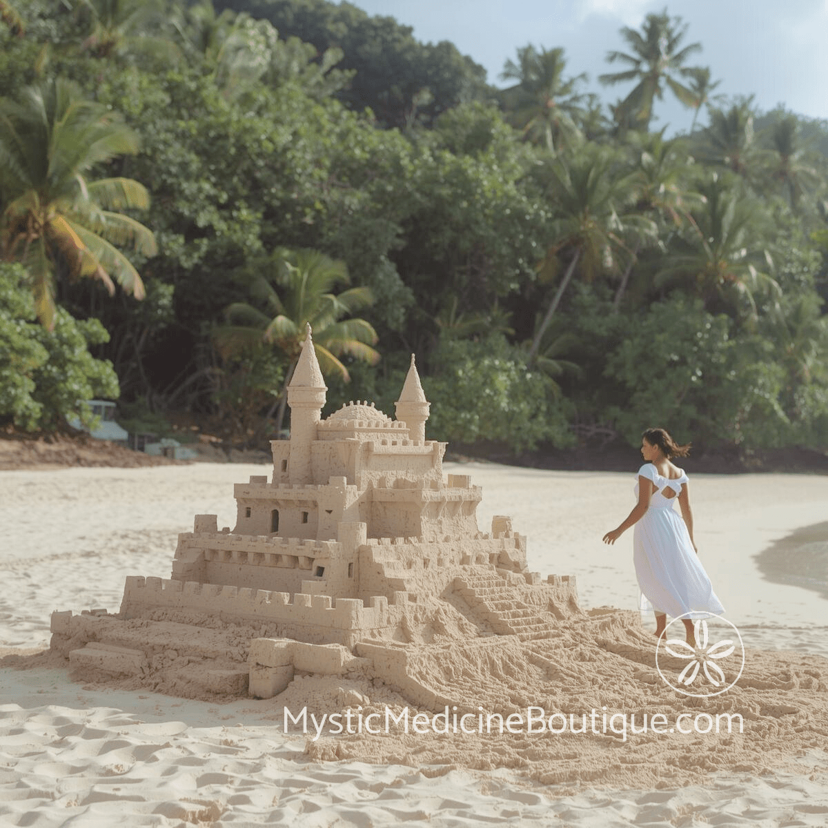 Woman standing beside a large sandcastle on a tropical beach representing career success plus identity crisis