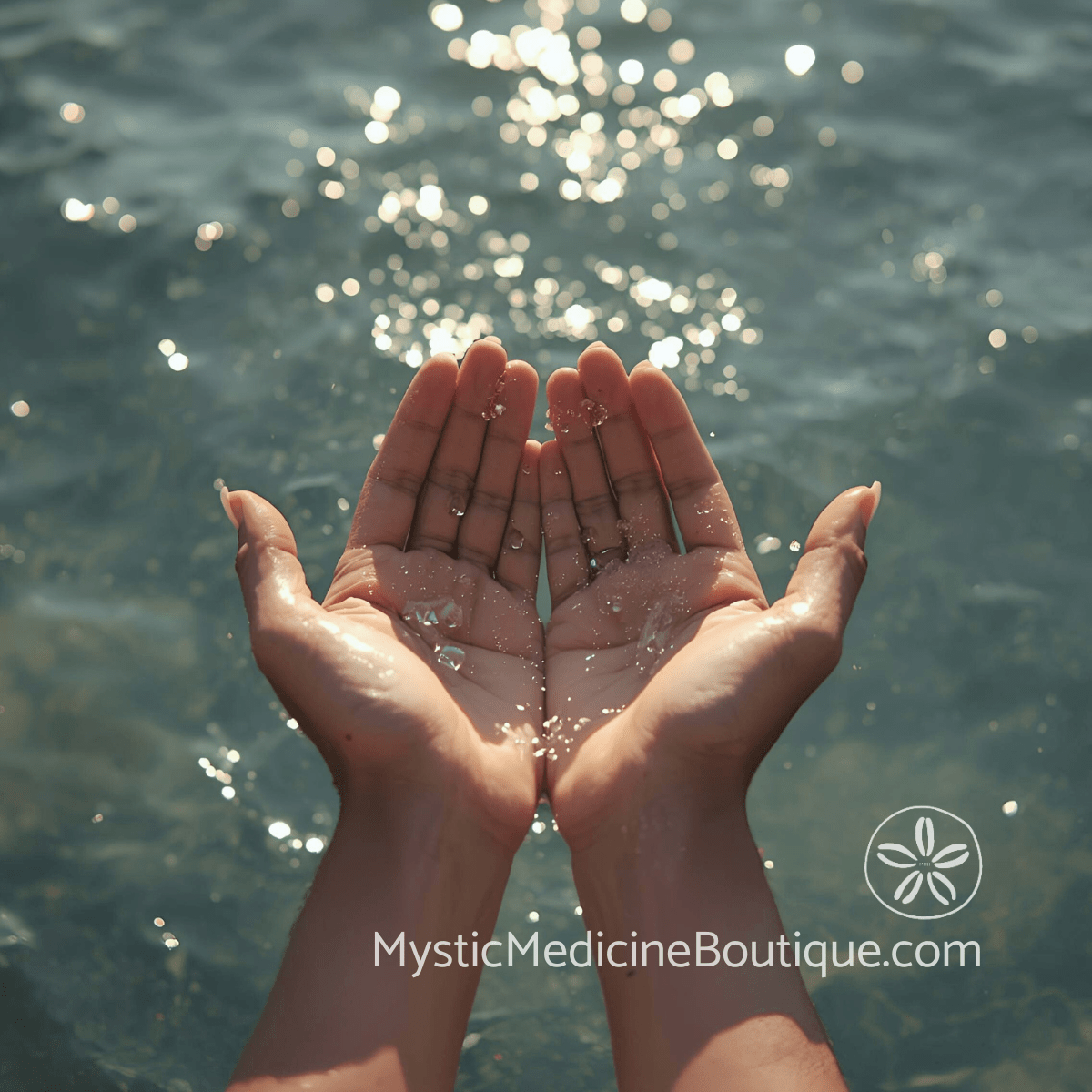 Cupped hands open over sunlit water representing the receptive healing support available to caregivers experiencing spiritual emergency