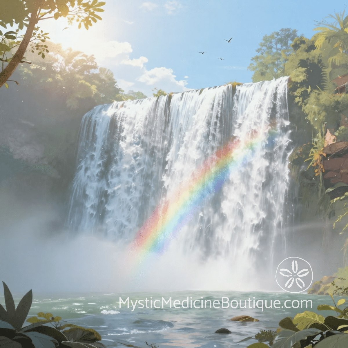 Tropical waterfall with rainbow representing the cleansing power and energetic renewal of emergency chakra clearing during spiritual crisis