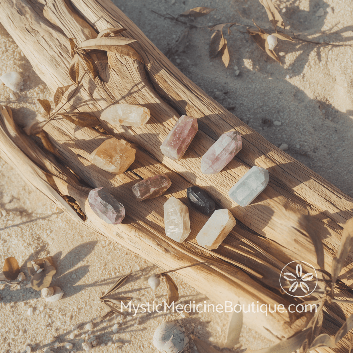 Multiple crystal points on sun-bleached driftwood with shells and dried leaves on pale sand — chakra emergency spiritual support bundle by an RN Reiki Master