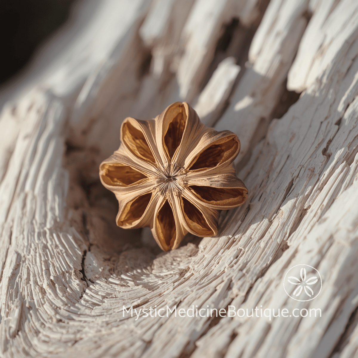 Dried star-shaped seed pod with open radiating chambers resting on weathered white driftwood — chakra imbalance domino effect and cascading spiritual emergency, explained by an RN Reiki Master