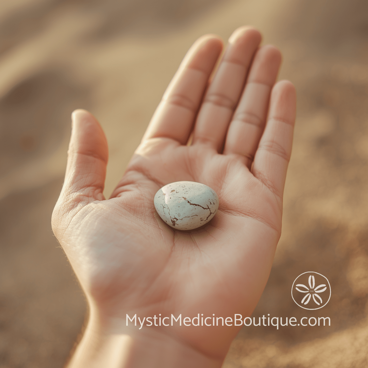 Pale blue-green river stone with natural crack lines resting in an open palm against warm sandy background — chakra imbalance reality check during spiritual emergency, explained by an RN Reiki Master