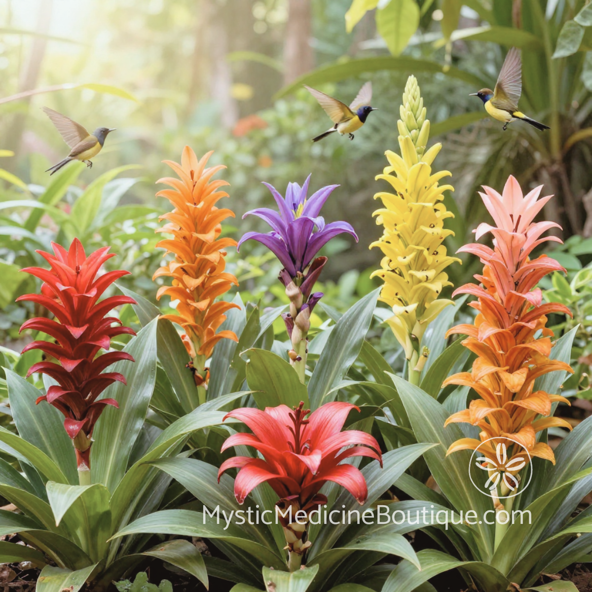 Colorful tropical flowers with hummingbirds in lush garden — vibrant imagery for chakra integration after spiritual emergency and long-term energy restoration