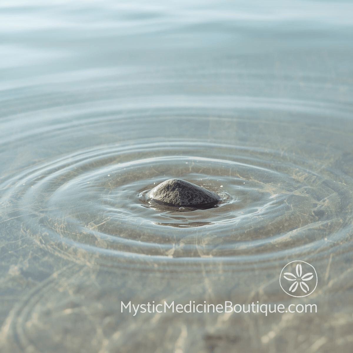 Dark stone resting in shallow clear water with concentric ripples radiating outward on a sandy coastal floor, representing the common triggers that start a faith crisis and their expanding spiritual impact