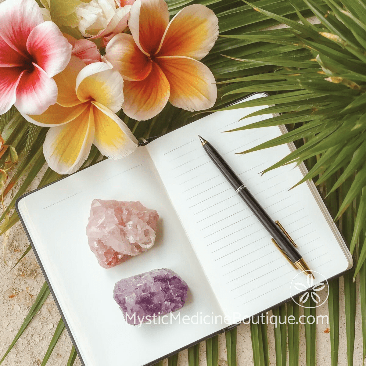 Open journal with rose quartz and tropical flowers — complete betrayal recovery system RN Reiki Master crisis support bundle