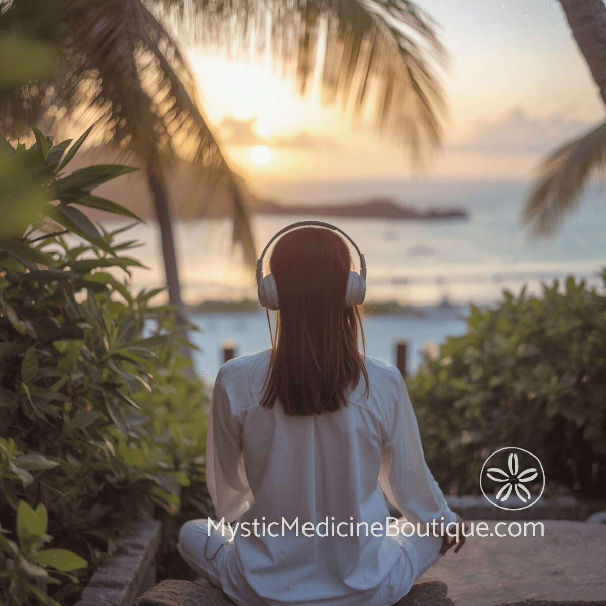 Complete Musical Spiritual Refuge Collection with woman listening to healing soundscapes through headphones in tropical beach sanctuary for betrayal trauma, anxiety calm, inner child healing, truth integration and spiritual burnout recovery