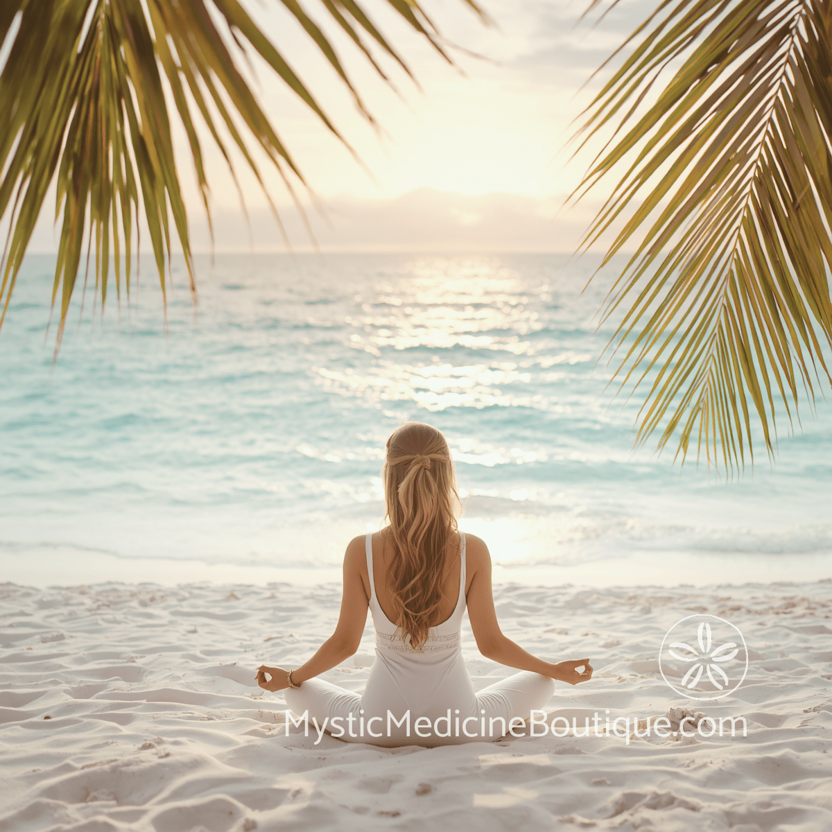 Consciousness shift emergency stabilization — woman meditating on tropical beach at sunrise representing kundalini awakening crisis support from an RN and Reiki Master