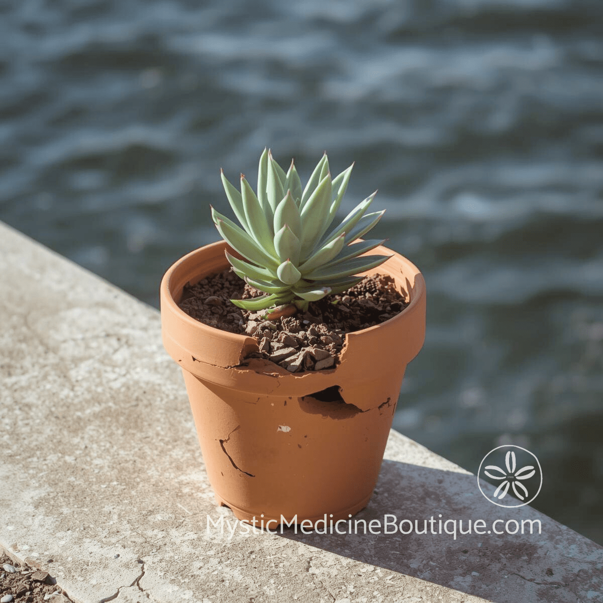 Cracked terracotta pot with green succulent growing from it resting on a stone ledge near open water.