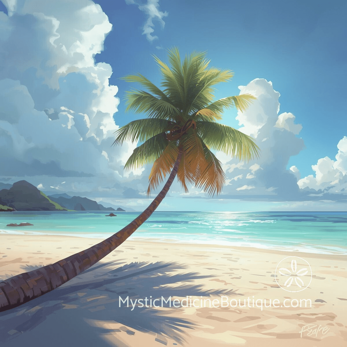 Illustrated tropical beach with palm tree representing empath protection in crowded spaces and public events
