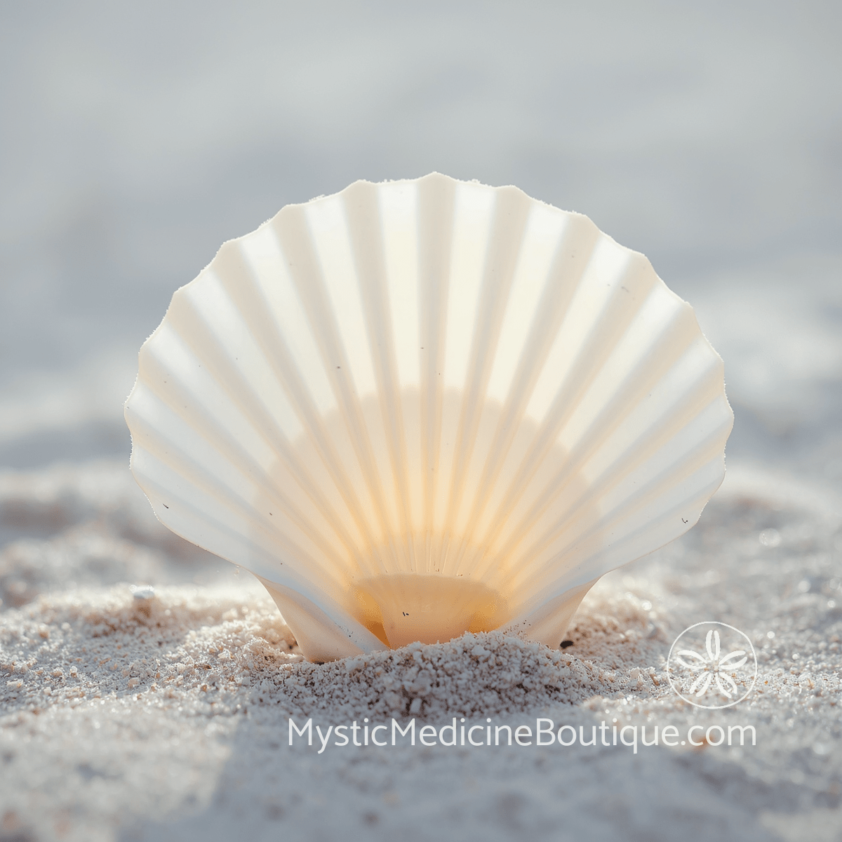 White scallop shell open face-up on pale sand in soft light — crown chakra disconnection and loss of Source connection during spiritual emergency, explained by an RN Reiki Master