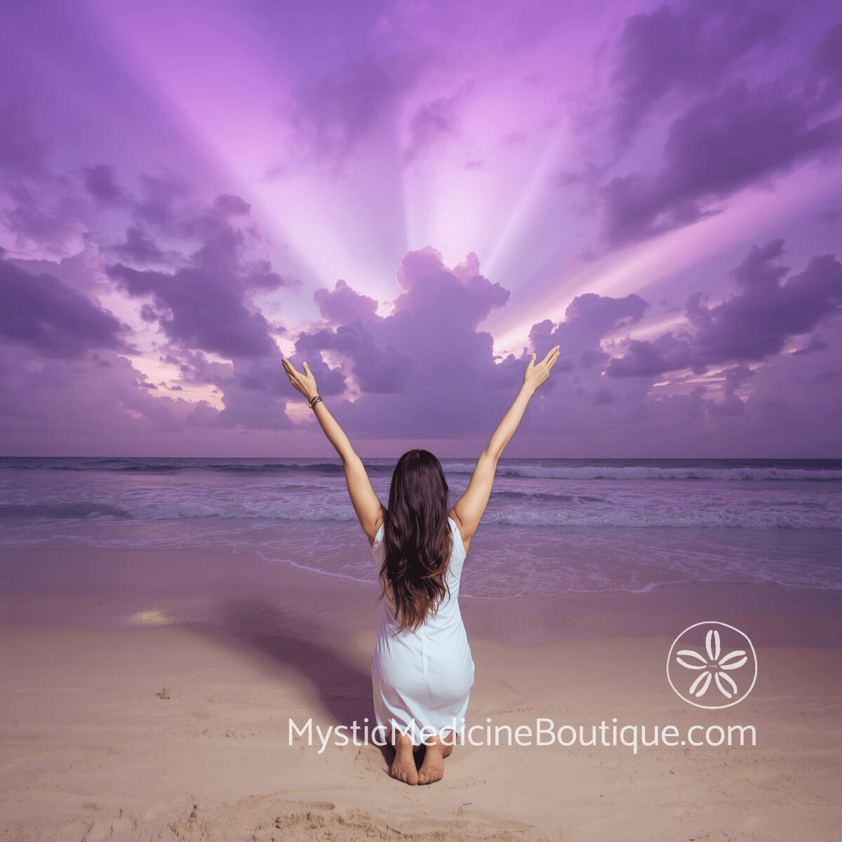 Woman raising arms toward purple light-filled sky on beach representing crown chakra opening during spiritual awakening