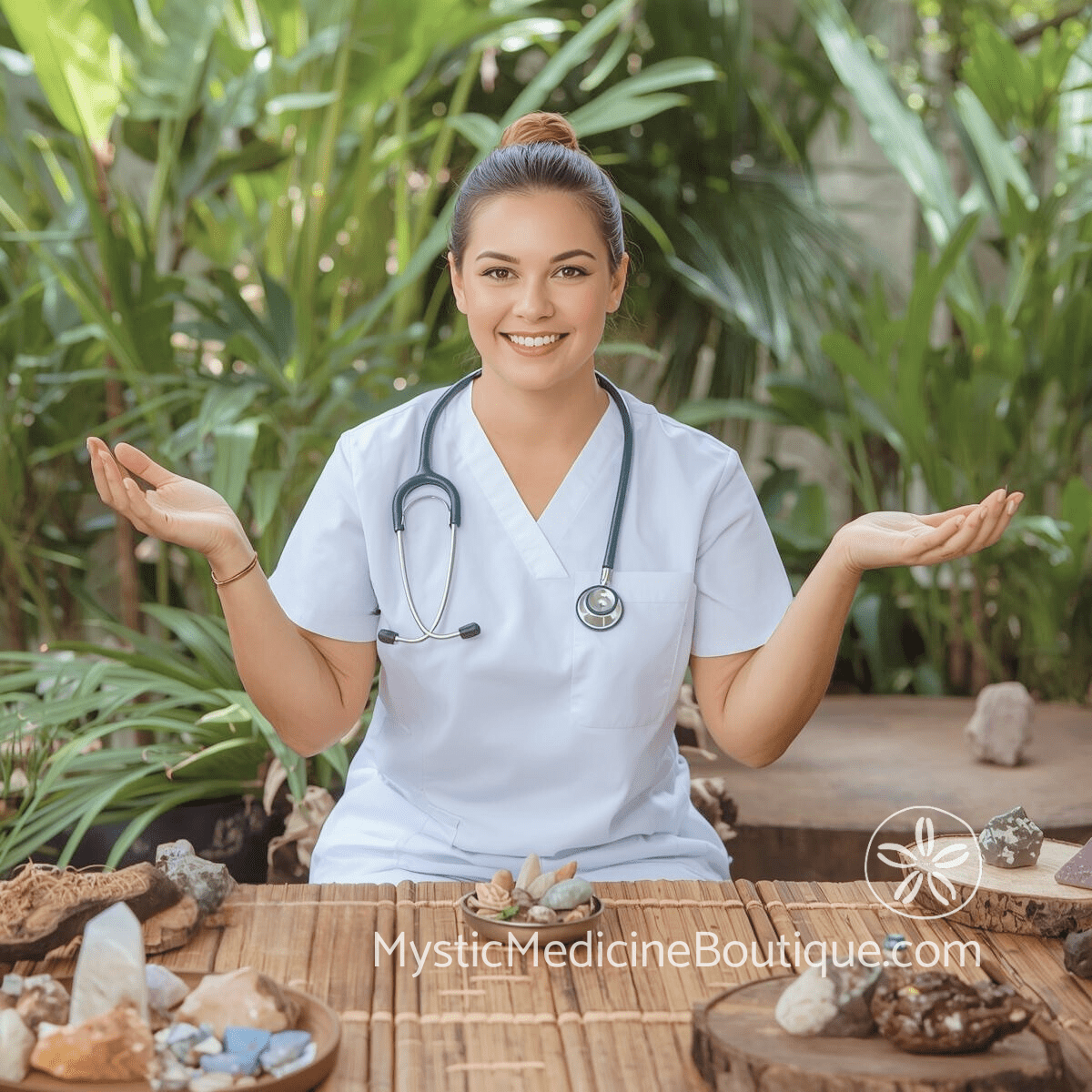 RN with stethoscope and crystals representing integrated nursing and Reiki Master approach to crown chakra divine connection