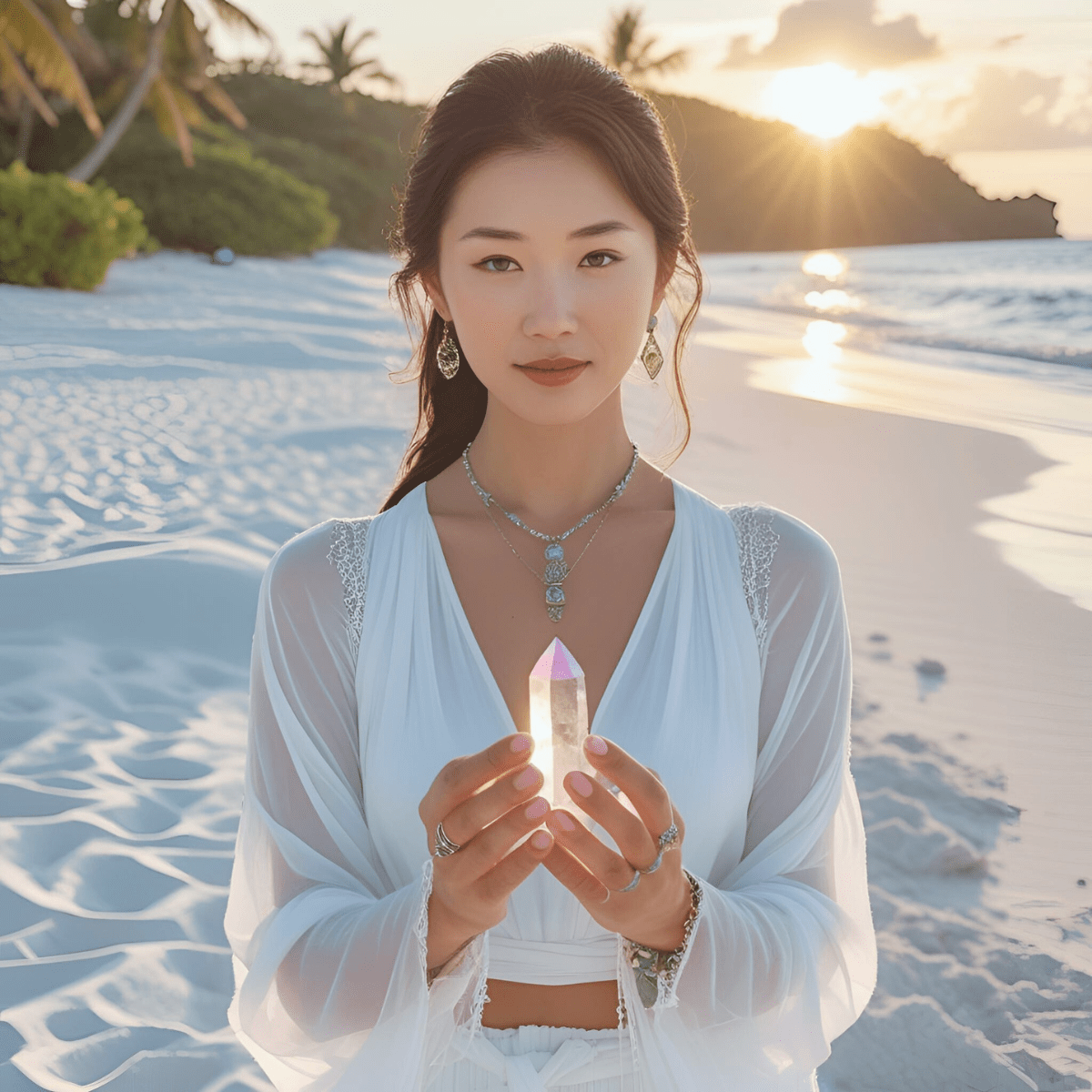 Woman in white holding a clear crystal point on a tropical beach at sunset representing immediate energetic support and grounding during spiritual emergency