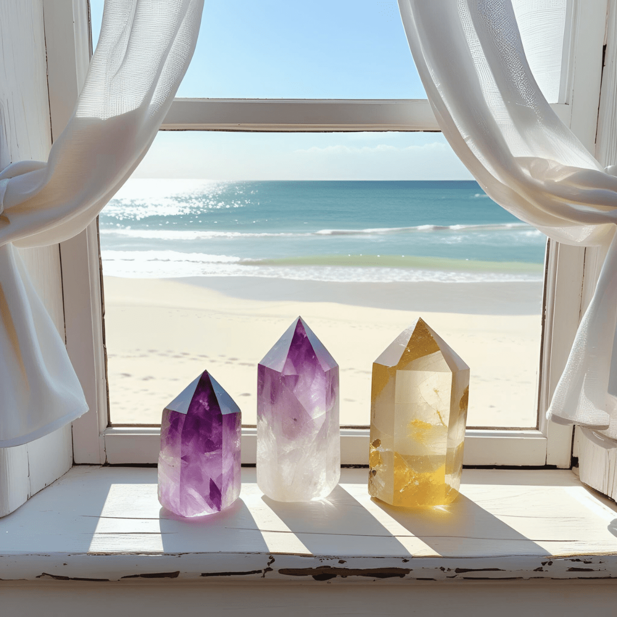Three crystal points amethyst clear quartz and citrine arranged on white window sill with flowing curtains overlooking pristine tropical beach - crystal healing for beginners complete energy alignment guide