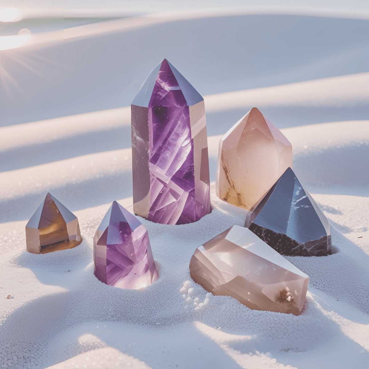 Amethyst and protective crystals for spiritual anxiety support including black tourmaline and rose quartz for energetic grounding