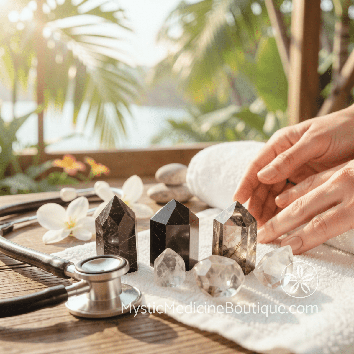 Hands arranging crystals beside stethoscope on tropical surface, how crystals work during kundalini emergency RN Reiki Master