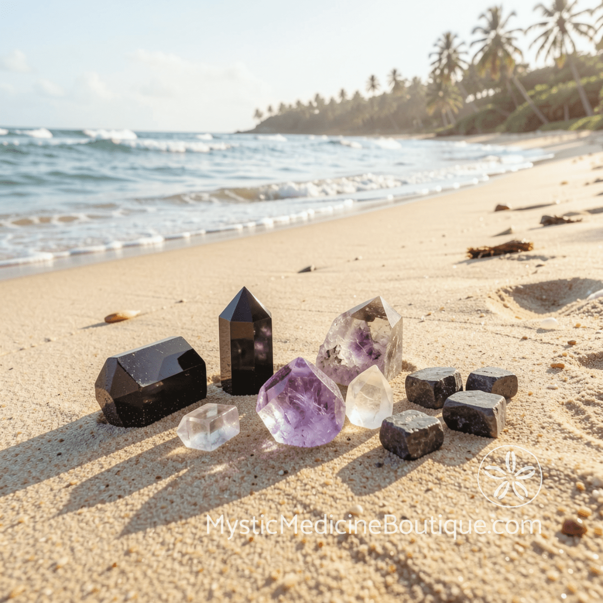 Amethyst, black tourmaline, and smoky quartz crystals on tropical beach for shadow work spiritual emergency support