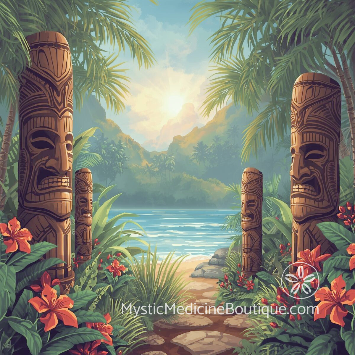 Tiki statues and hibiscus representing cultural spiritual boundaries and navigating family expectations without self-abandonment
