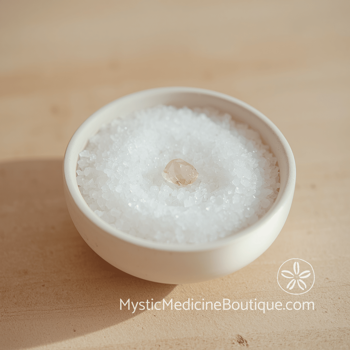 Small white ceramic bowl filled with coarse salt holding a single rose quartz crystal in soft warm light — daily chakra maintenance practices to stay stable during spiritual emergency recovery, explained by an RN Reiki Master