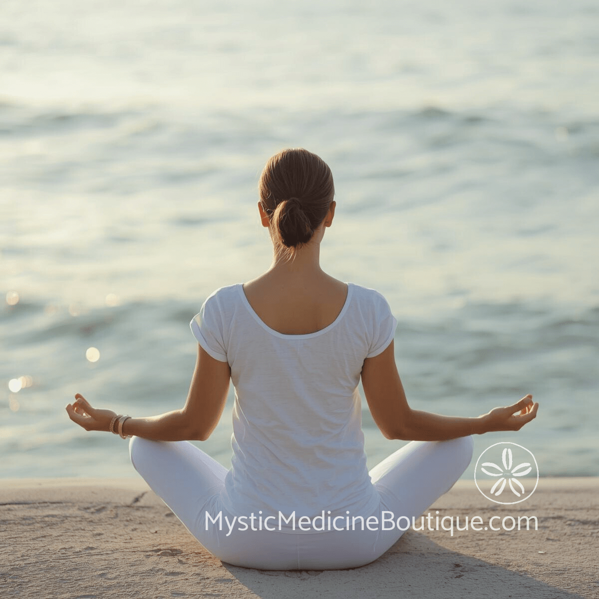 Woman in white seated in lotus meditation posture on a coastal beach facing calm ocean water, representing daily energetic protection practices to prevent faith crisis through nervous system regulation and spiritual grounding