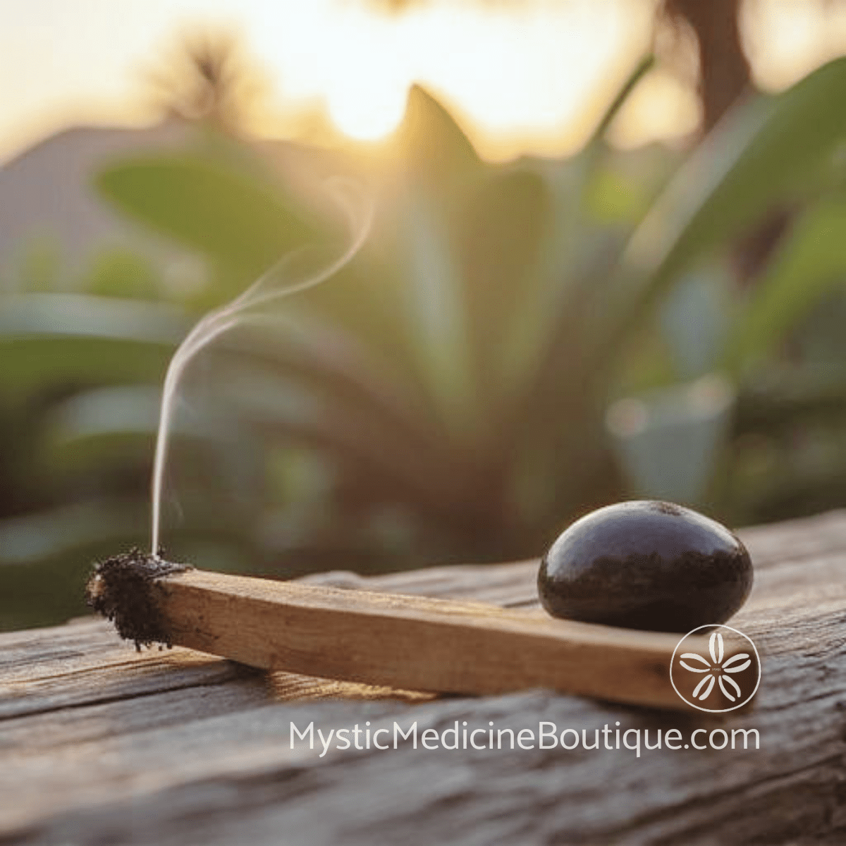Palo santo smoke clearing stick with black obsidian stone on weathered wood, tropical plants in golden sunset light, daily energetic protection ritual for shadow work during illness and grief