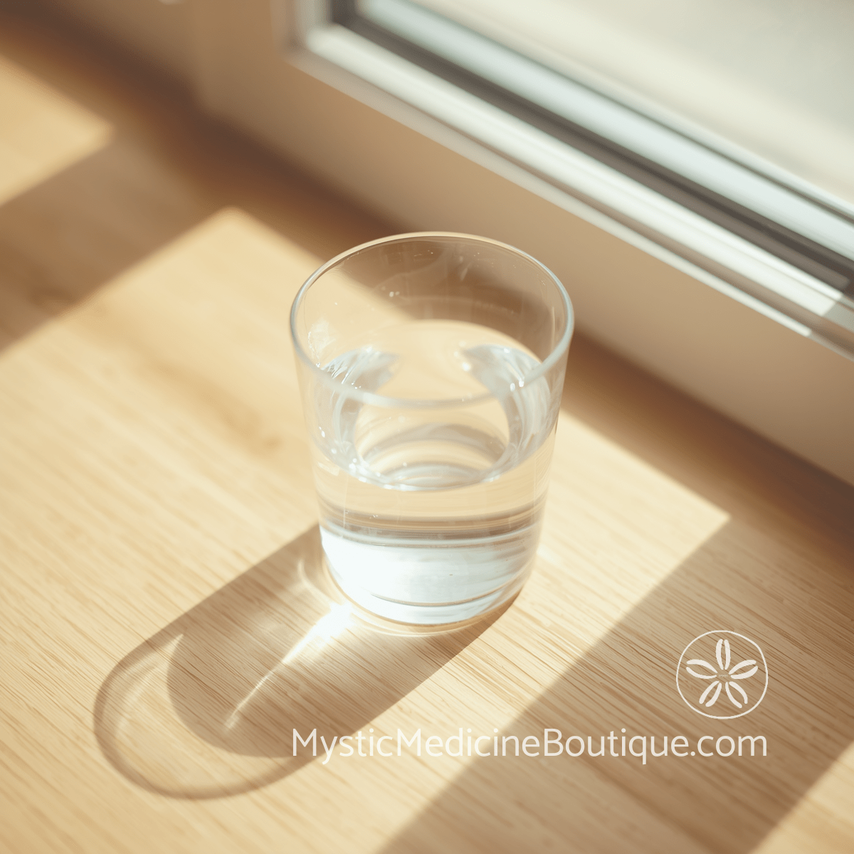 Clear glass of water on natural wood in warm morning window light — daily chakra protection habits that stop spiritual emergency before it starts, explained by an RN Reiki Master