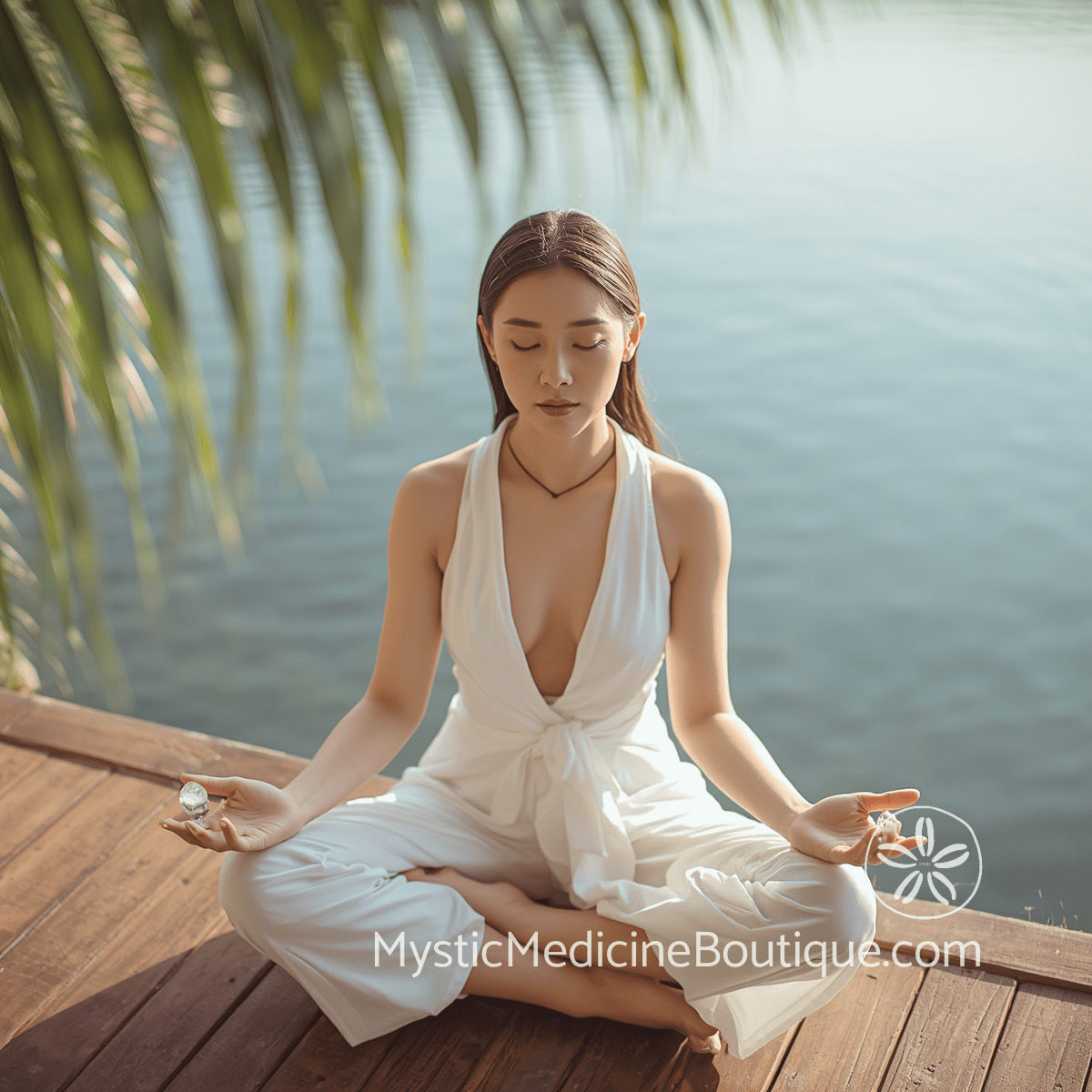 Woman meditating with crystals on tropical waterfront dock — daily mystic practices to maintain spiritual energy after burnout, RN Reiki Master guide, Mystic Medicine Boutique