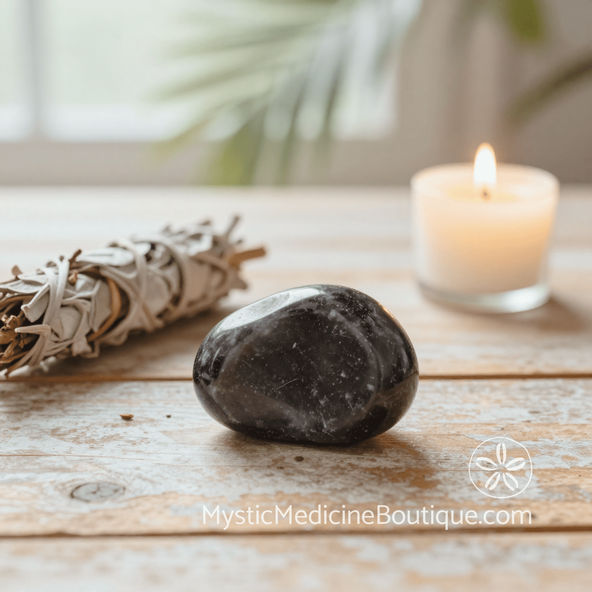 Black tourmaline crystal, white sage bundle, and candle for daily mystic rituals to prevent spiritual burnout — RN Reiki Master guide, Mystic Medicine Boutique