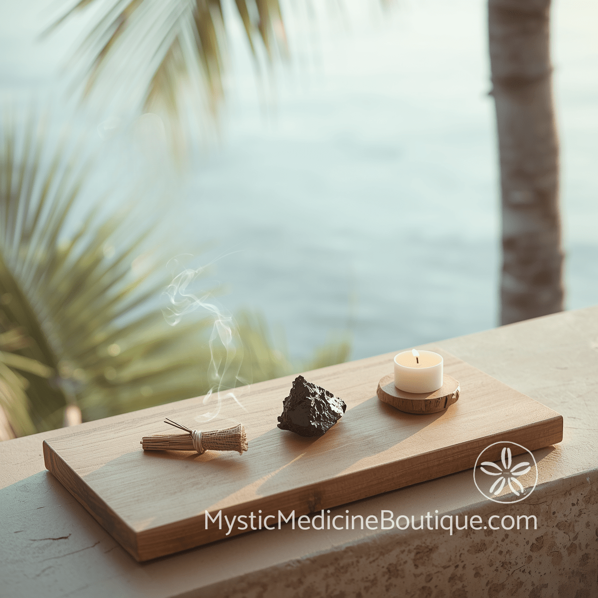 Wooden altar board with sage bundle, black tourmaline crystal, and white candle overlooking tropical ocean representing daily spiritual safeguards before financial emergency