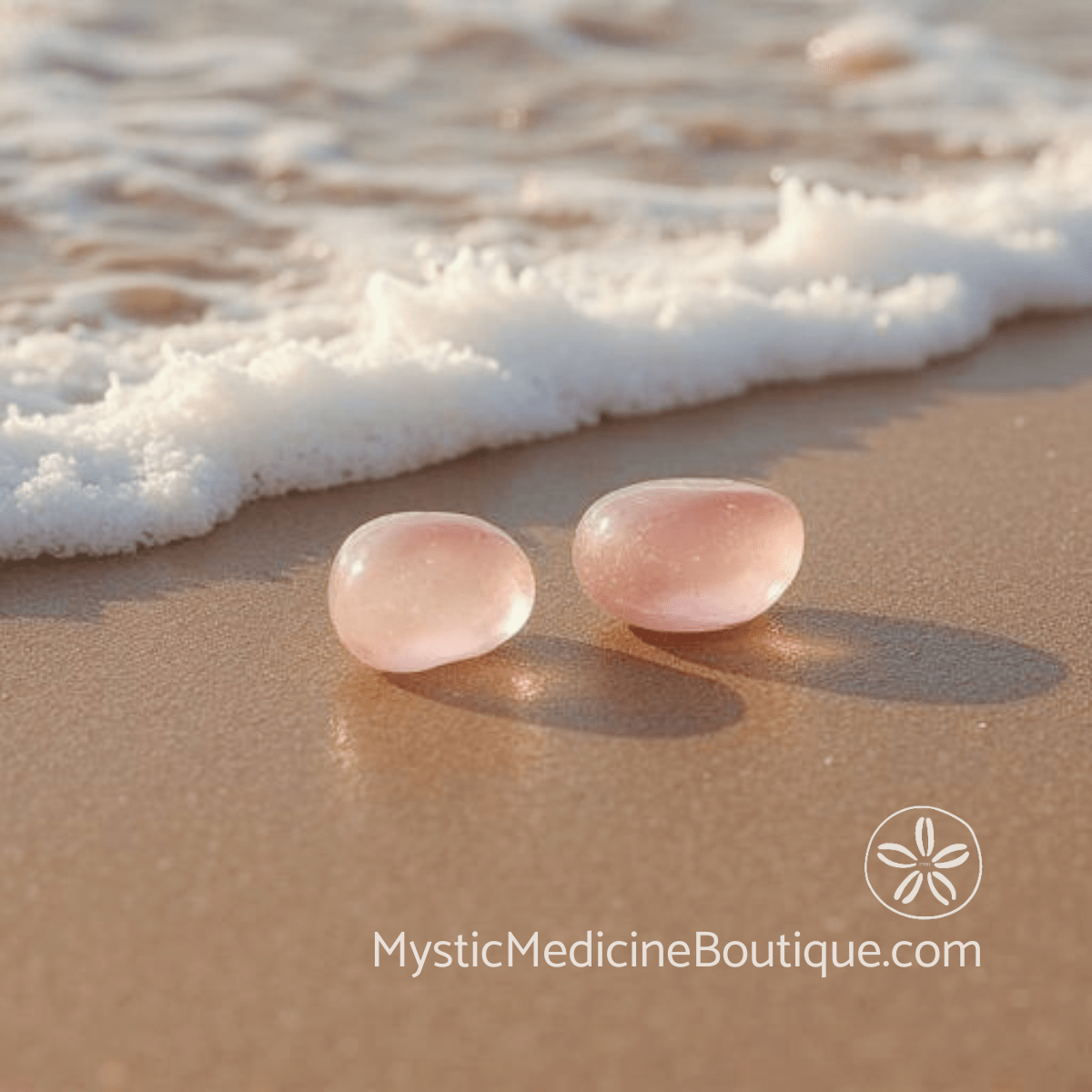 Two rose quartz stones on wet sand at the ocean's edge — difficulty feeling love or compassion during heart chakra imbalance in spiritual emergency, explained by an RN Reiki Master