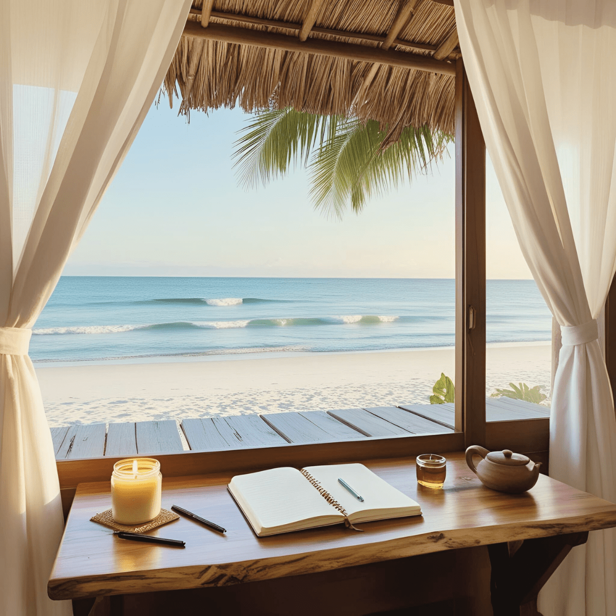 Open beach hut with journal and candle overlooking tropical ocean representing the sacred stillness of the Island Soul Digital Detox retreat