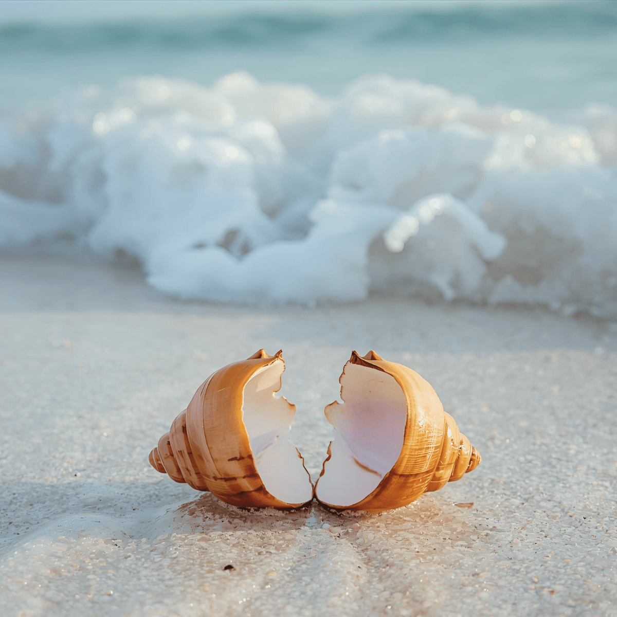 Broken conch shell on white beach sand representing the identity collapse and meaning system dissolution of divorce spiritual emergency