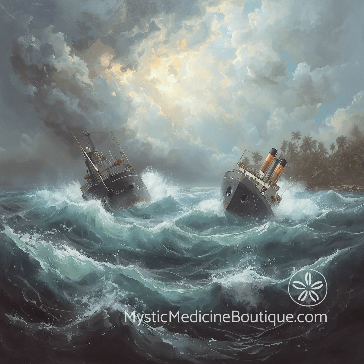 Two ships sinking in a violent storm at sea representing divorce and job loss dual identity crisis