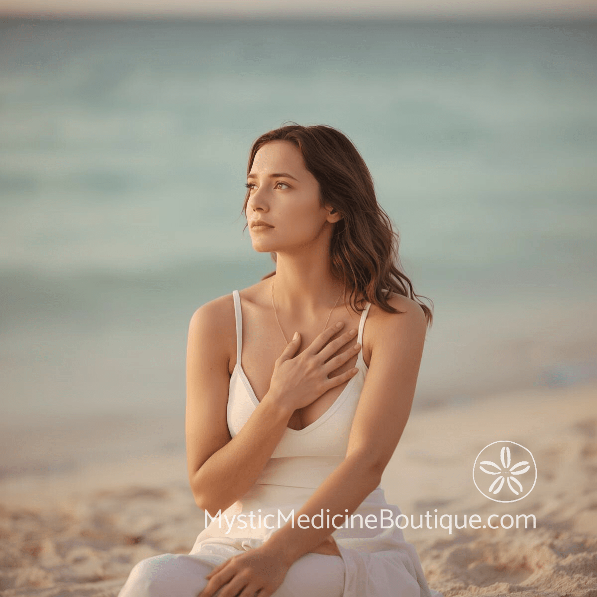 Woman in white sitting at beach with hand on heart — early red flags of betrayal trauma RN Reiki Master explains