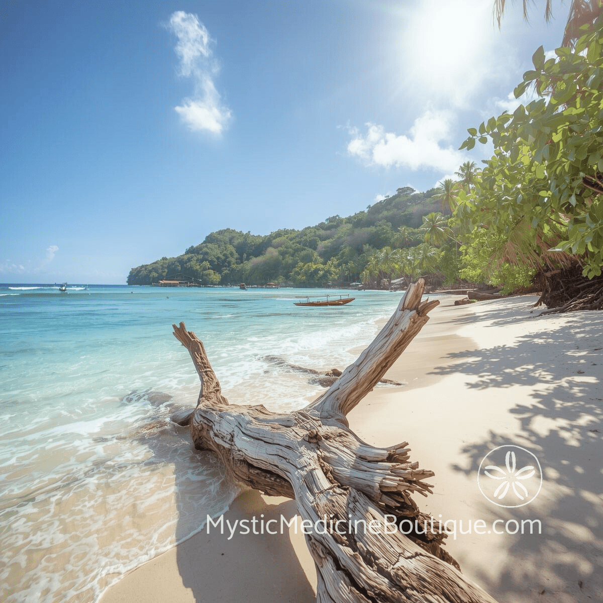 Illustrated sunny tropical beach with driftwood log representing emotional empath protection separating feelings from others
