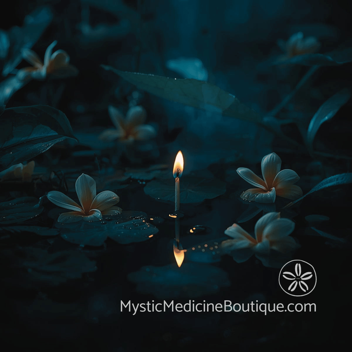 Single candle flame reflected in dark water surrounded by tropical plumeria flowers, representing emotional triggers that reveal unresolved shadow material during illness