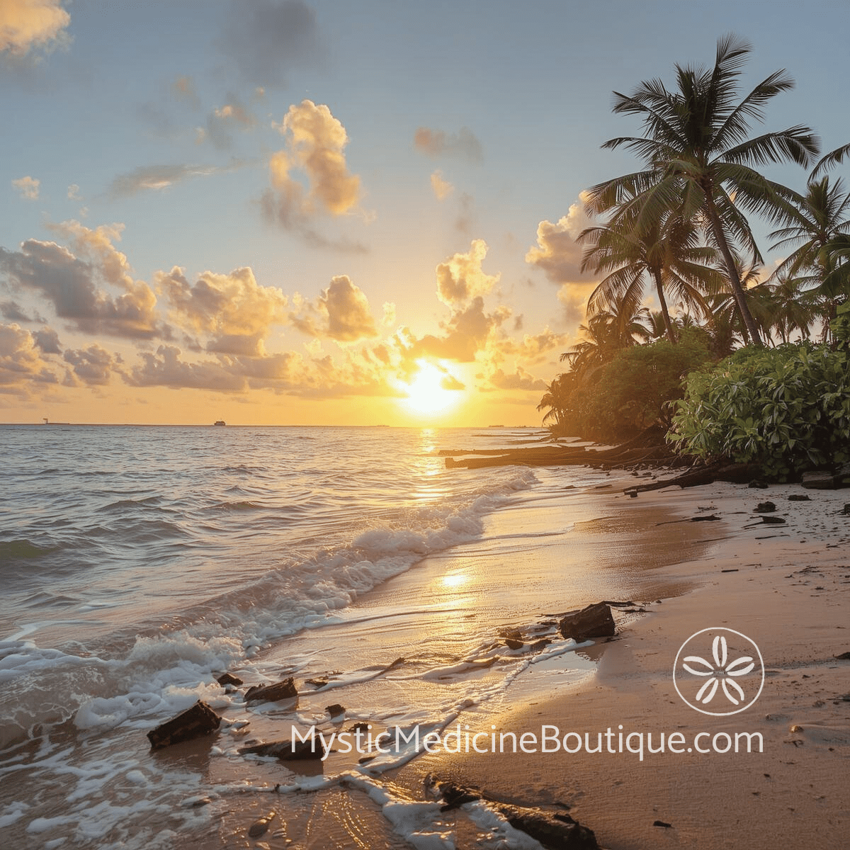 Illustrated tropical beach at golden sunset representing empath burnout recovery and healing after complete energy depletion