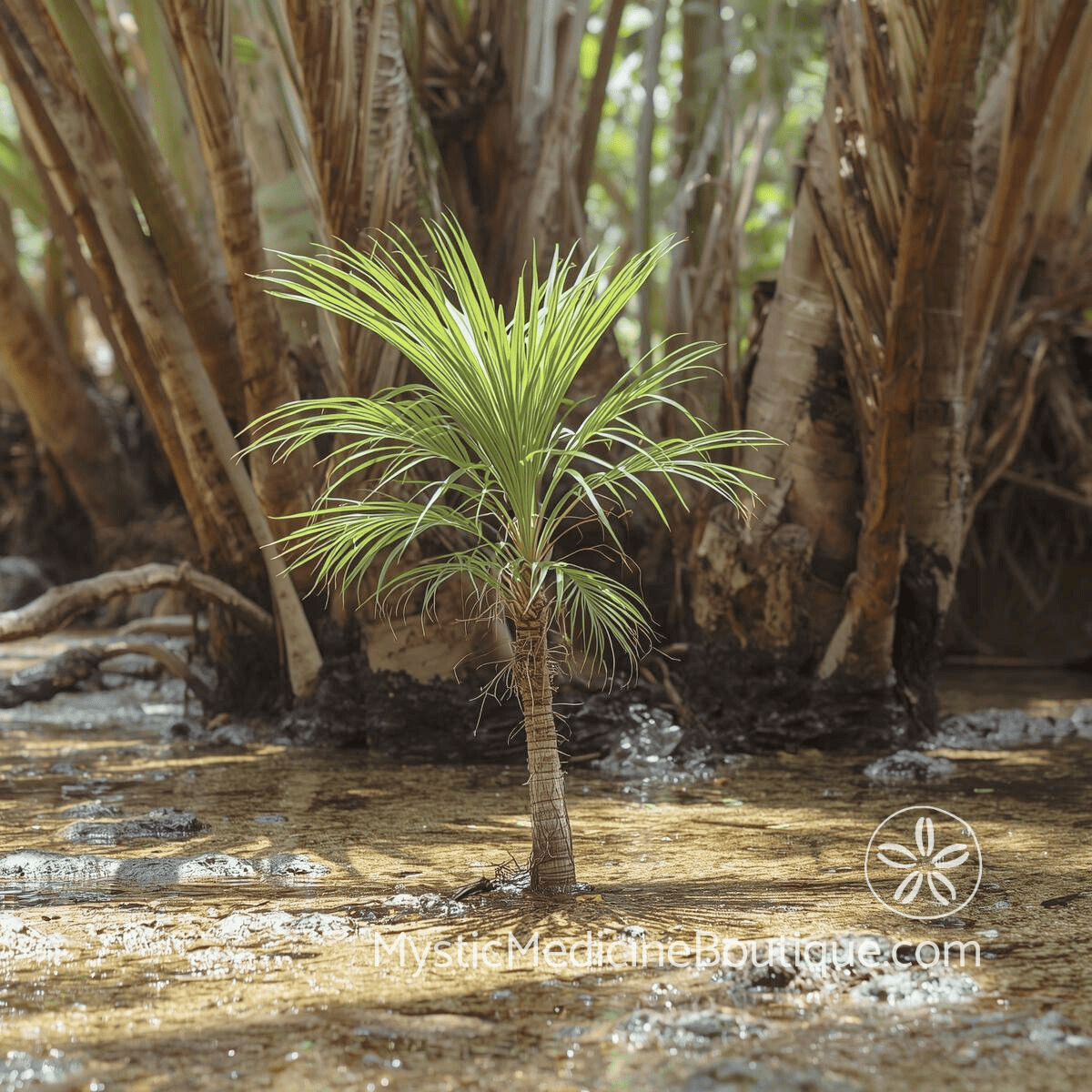 Young palm tree growing in ancient mangrove forest — empath children teaching protection to highly sensitive kids absorbing family emotions