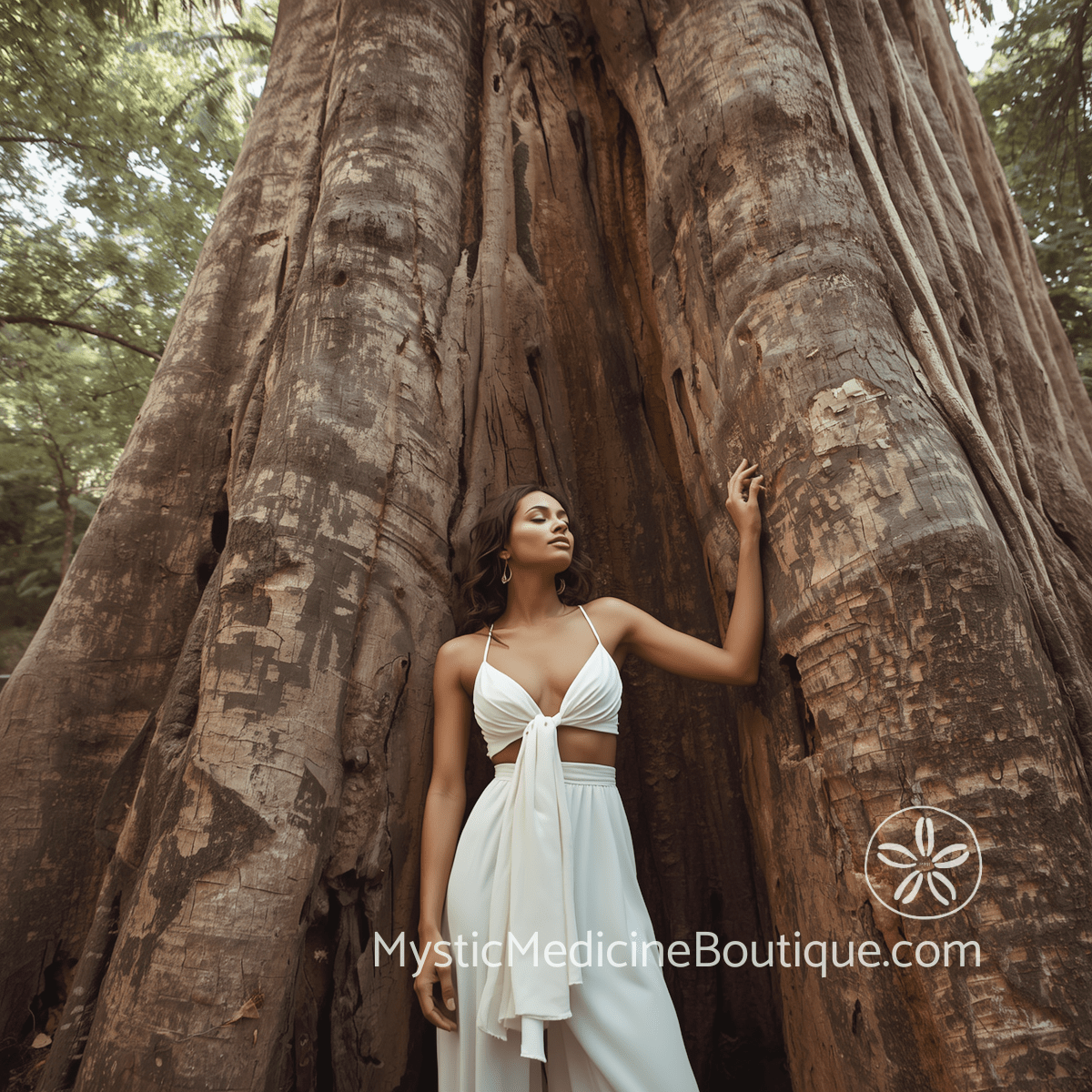 Woman in white dress standing against the massive trunk of a tropical tree with one hand resting on the bark, representing empath grounding as daily protection and the stability of rooted connection