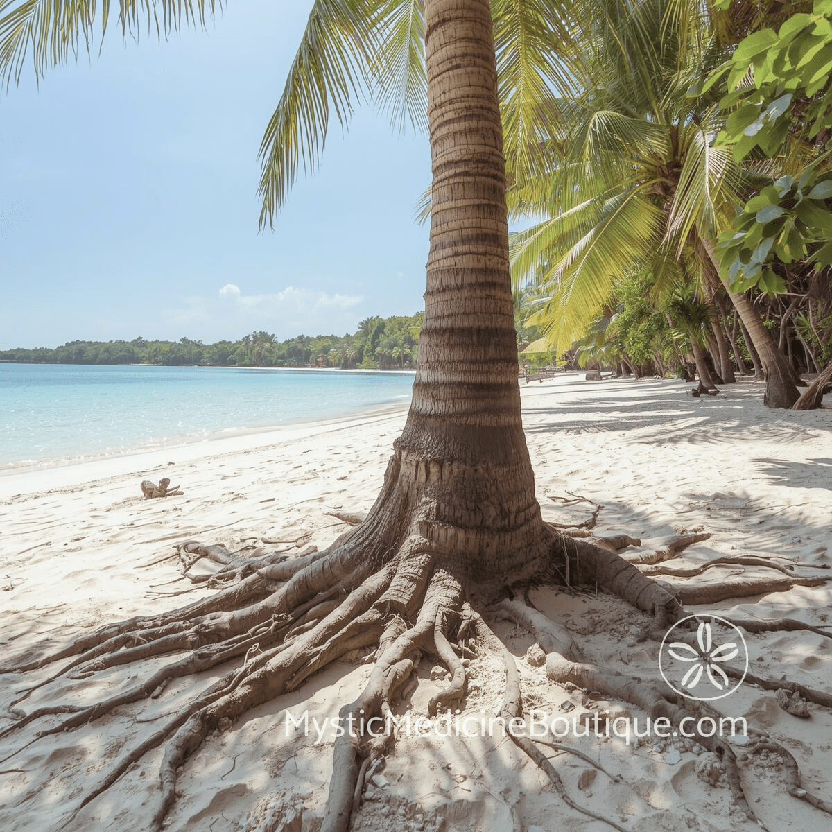 Large exposed palm tree roots gripping tropical beach sand representing the deep grounding and anchoring that empath grounding techniques provide